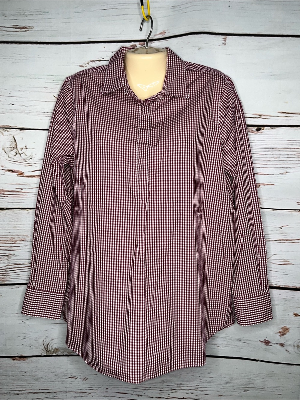 Lands’ End Size 12 Purple & White Gingham No Iron Supima Henley Tunic Shirt Top